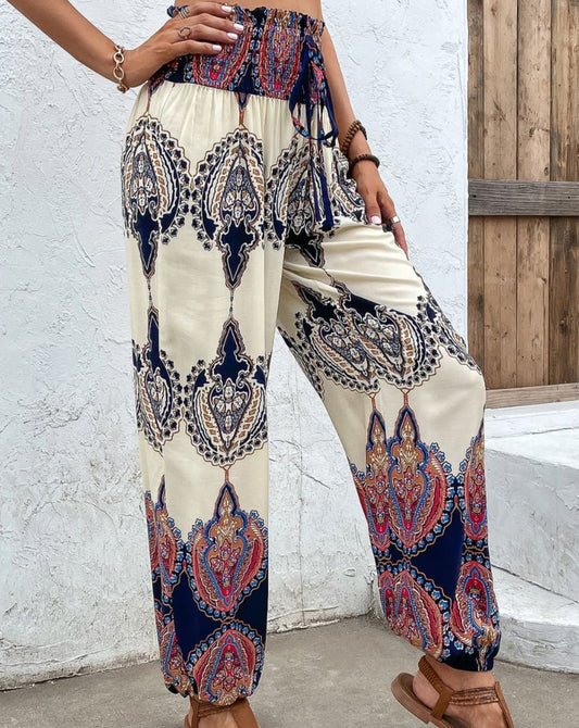 Printed Smocked High Waist Pants