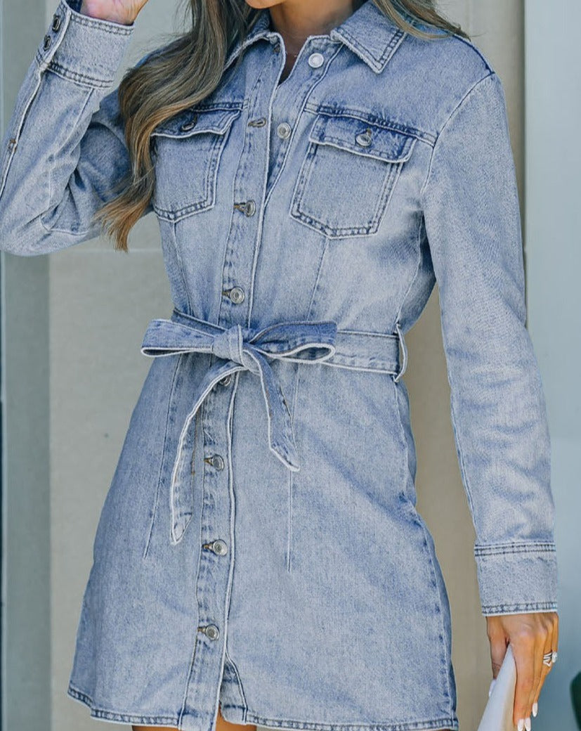 Button Down Collared Neck Belted Denim Dress