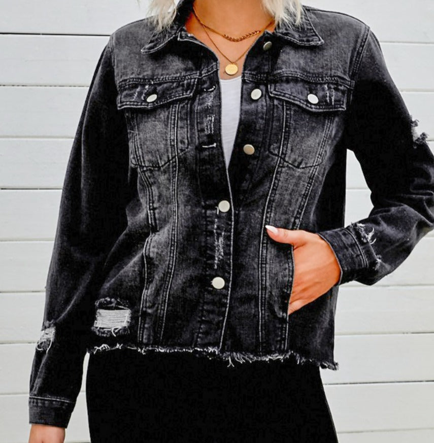 Distressed Raw Hem Denim Jacket