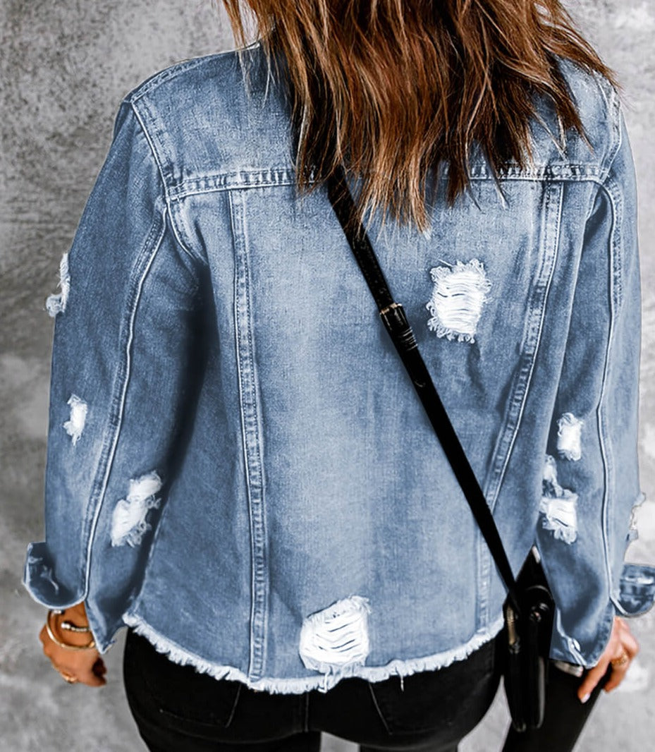 Distressed Raw Hem Denim Jacket